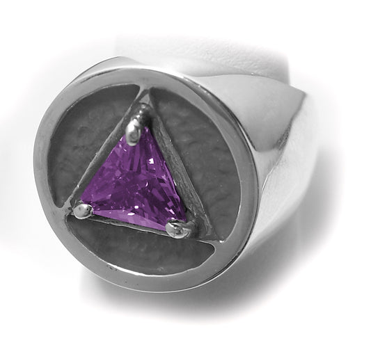 Sterling Silver, Men's Ring Alcoholics Anonymous AA Symbol Birthstone, Available in 12 Different 8x8mm Triangle Colored CZ Birthstones