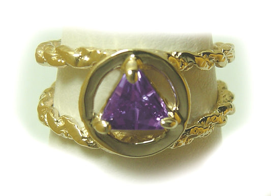 14k Gold Ring, Alcoholics Anonymous AA Symbol Birthstone, Available in 12 Different 5x5mm Triangle Colored CZ Birthstones, Band is Twist Wire Style