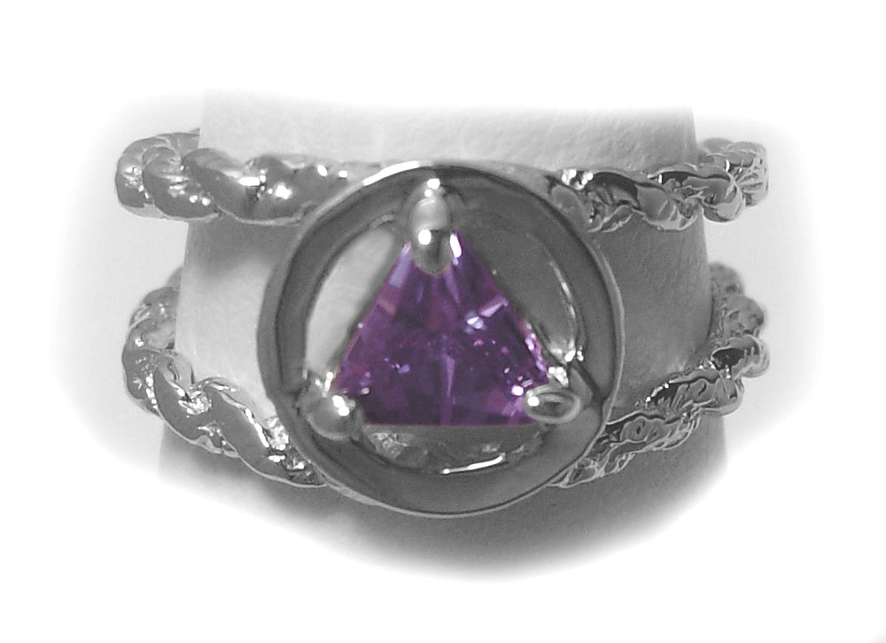 Sterling Silver Birthstone Ring, Alcoholics Anonymous AA Symbol, Available in 12 Different 5x5mm Triangle Colored CZ Birthstones, Band is Twist Wire Style