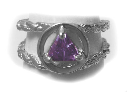 Sterling Silver Birthstone Ring, Alcoholics Anonymous AA Symbol, Available in 12 Different 5x5mm Triangle Colored CZ Birthstones, Band is Twist Wire Style