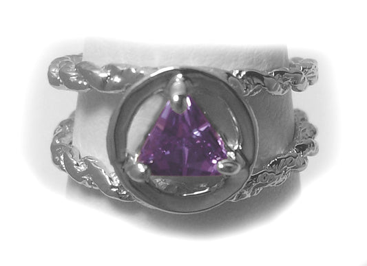 Sterling Silver Birthstone Ring, Alcoholics Anonymous AA Symbol, Available in 12 Different 5x5mm Triangle Colored CZ Birthstones, Band is Twist Wire Style