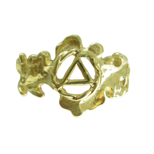 14k Gold Ring, Alcoholics Anonymous AA Symbol with a Leaf Style Design