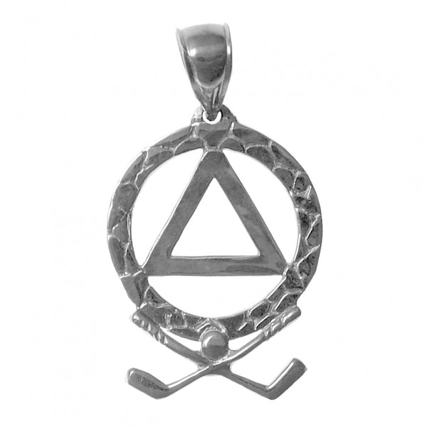 Sterling Silver Pendant, Pair of Golf Clubs with Alcoholics Anonymous AA Symbol in a Nugget Style Circle