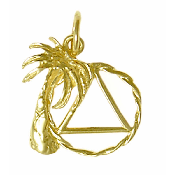 14k Gold Pendant, Palm Tree with Alcoholics Anonymous AA Symbol in Twist Wire Circle, Medium Size