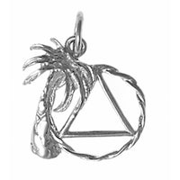 Sterling Silver Pendant, Palm Tree with Alcoholics Anonymous AA Symbol in Twist Wire Circle Medium Size