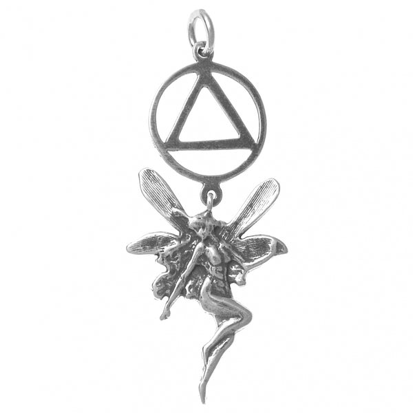 Sterling Silver Pendant, Alcoholics Anonymous AA Recovery Symbol with a Magical Fairy