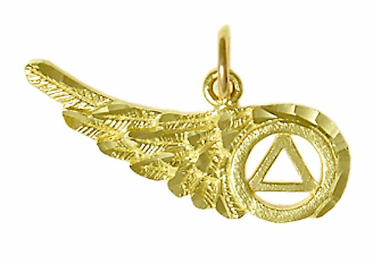 14k Gold Pendant, Alcoholics Anonymous AA Recovery Symbol on a Beautiful Angels Wing