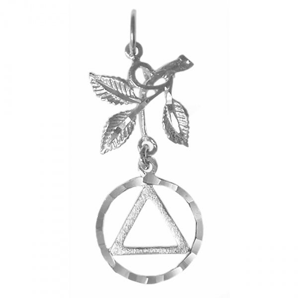 Sterling Silver Pendant, Textured Triangle in a Diamond Cut Circle with 3 Leaves