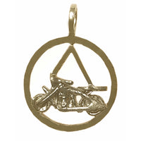 Brass Pendant, Alcoholics Anonymous AA Symbol with a Harley Motorcycle, Med/Large Size, Antique Finish