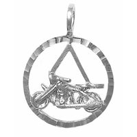 Sterling Silver Pendant, Alcoholics Anonymous AA Symbol in a SMOOTH Circle with a Harley Motorcycle