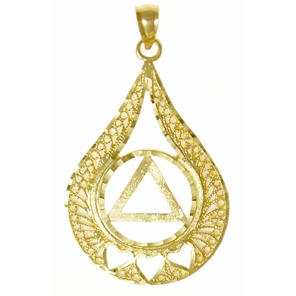 14k Gold Pendant, Alcoholics Anonymous AA Circle Triangle w/3 Hearts set in a Filigree Style Tear Drop