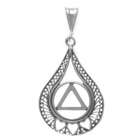 Alcoholics Anonymous (AA) Symbol with 3 Hearts in Filagree Tear Drop Sterling Silver Pendant