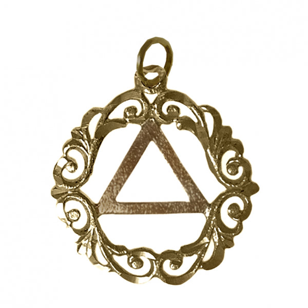Brass Pendant, Alcoholics Anonymous AA Symbol in a Scroll Style Circle, Antiqued Finish