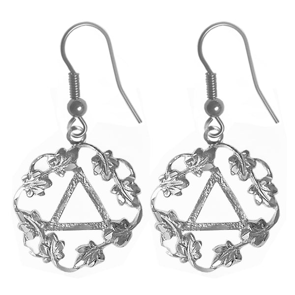 Sterling Silver Earrings, Alcoholics Anonymous AA Symbol in a Circle of Leaves