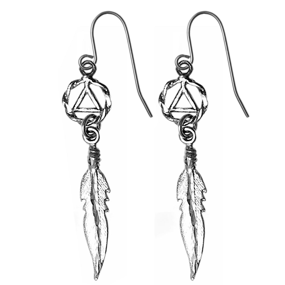 Sterling Silver Earrings, Alcoholics Anonymous AA Circle Triangle with a Single Feather