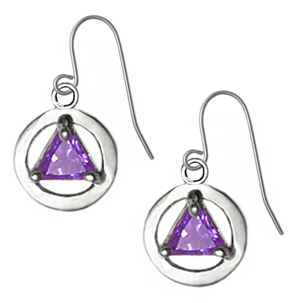 Sterling Silver Earrings, Alcoholics Anonymous AA Symbol,  Available in 12 Different 5mm Triangle Colored CZ Birthstones