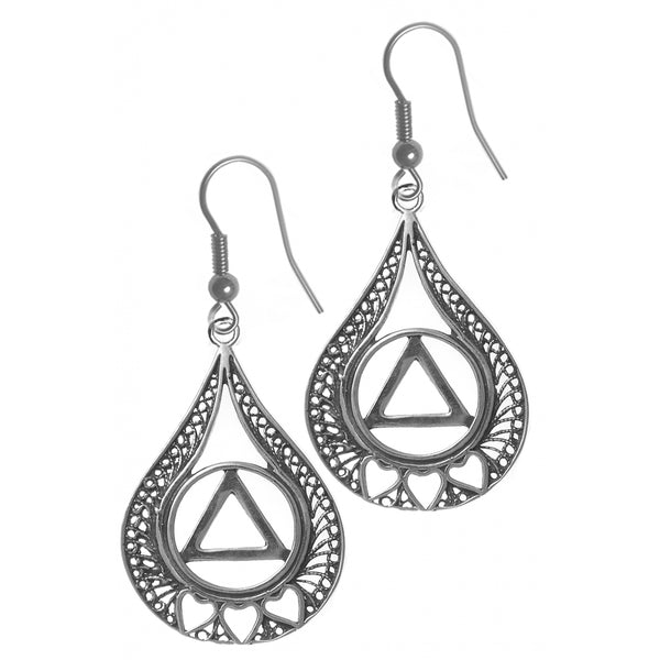 Sterling Silver Earrings, Alcoholics Anonymous AA Circle Triangle w/3 Hearts set in a Filigree Style Tear Drop