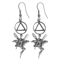 Sterling Silver Earrings, Alcoholics Anonymous AA Recovery Symbol with a Magical Fairy