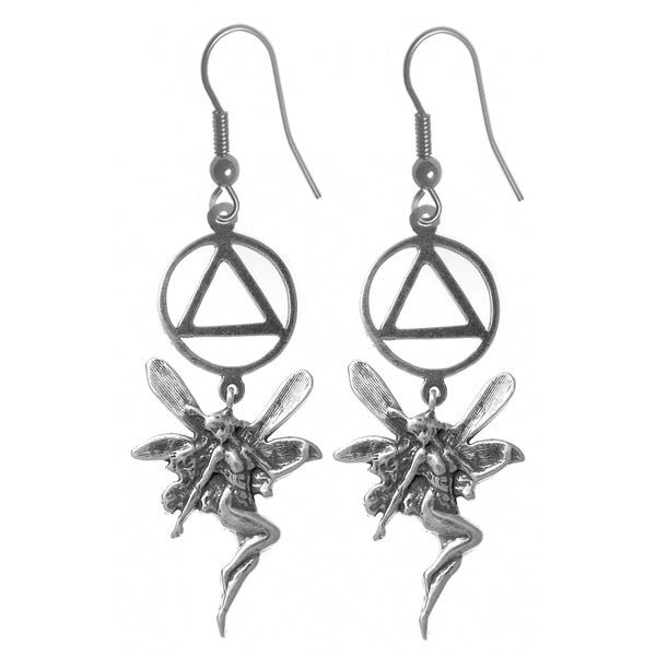 Sterling Silver Earrings, Alcoholics Anonymous AA Recovery Symbol with a Magical Fairy