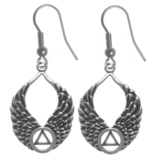 Sterling Silver Earrings, Alcoholics Anonymous AA Recovery Symbol on Beautiful Angel Wings