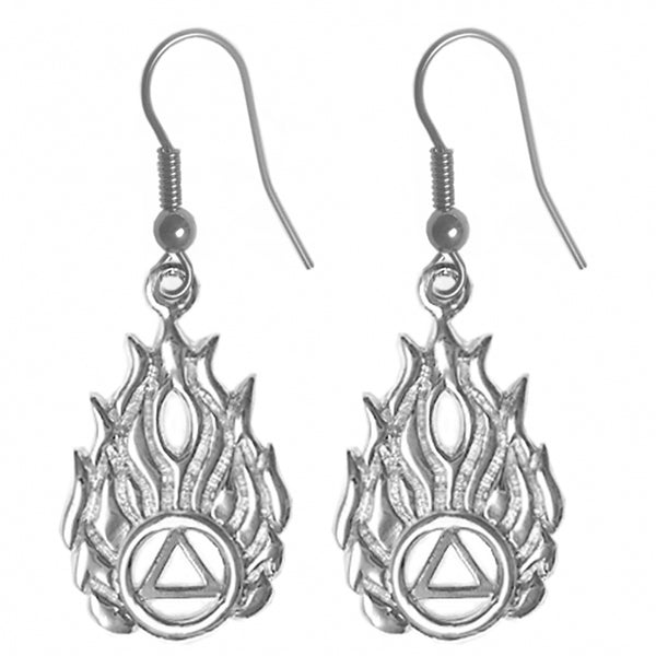 Sterling Silver Earrings, Alcoholics Anonymous AA Symbol in Flames