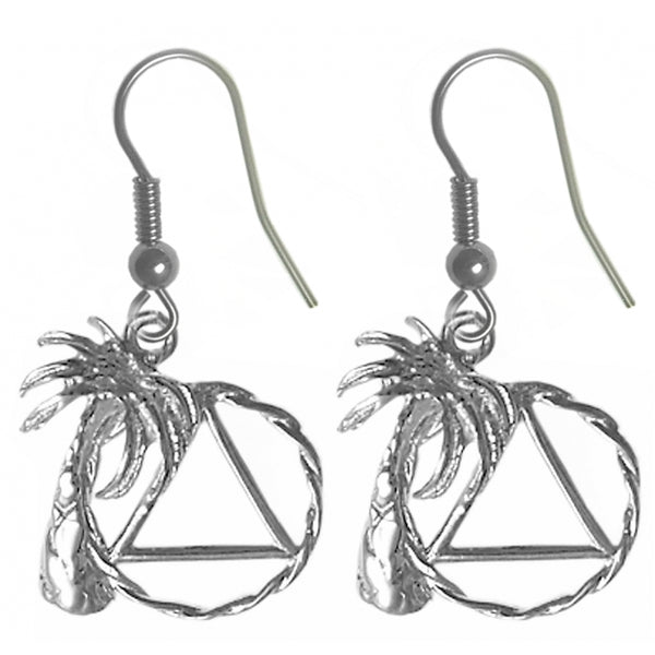 Sterling Silver Earrings, Palm Tree with Alcoholics Anonymous AA Symbol in Twist Wire Circle