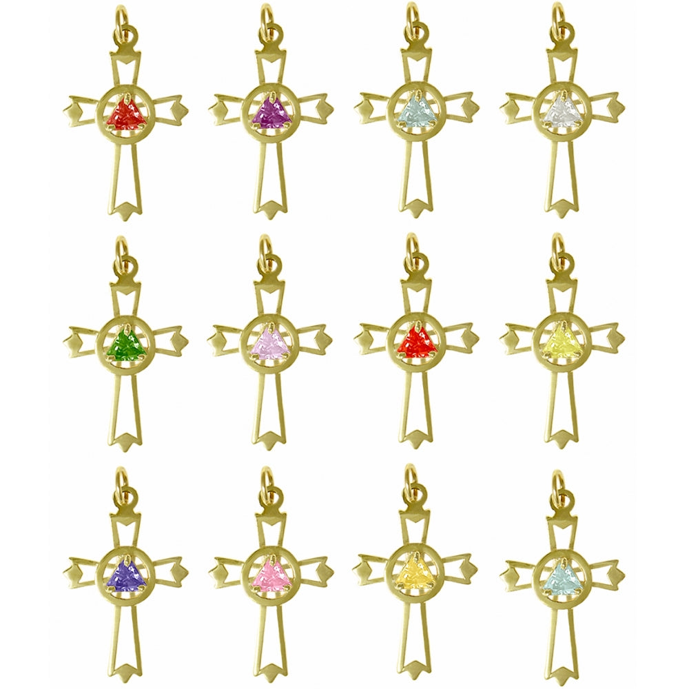 14k Gold Pendant, Alcoholics Anonymous AA Symbol set inside Cross, Available in 12 Different Triangle Birthstones