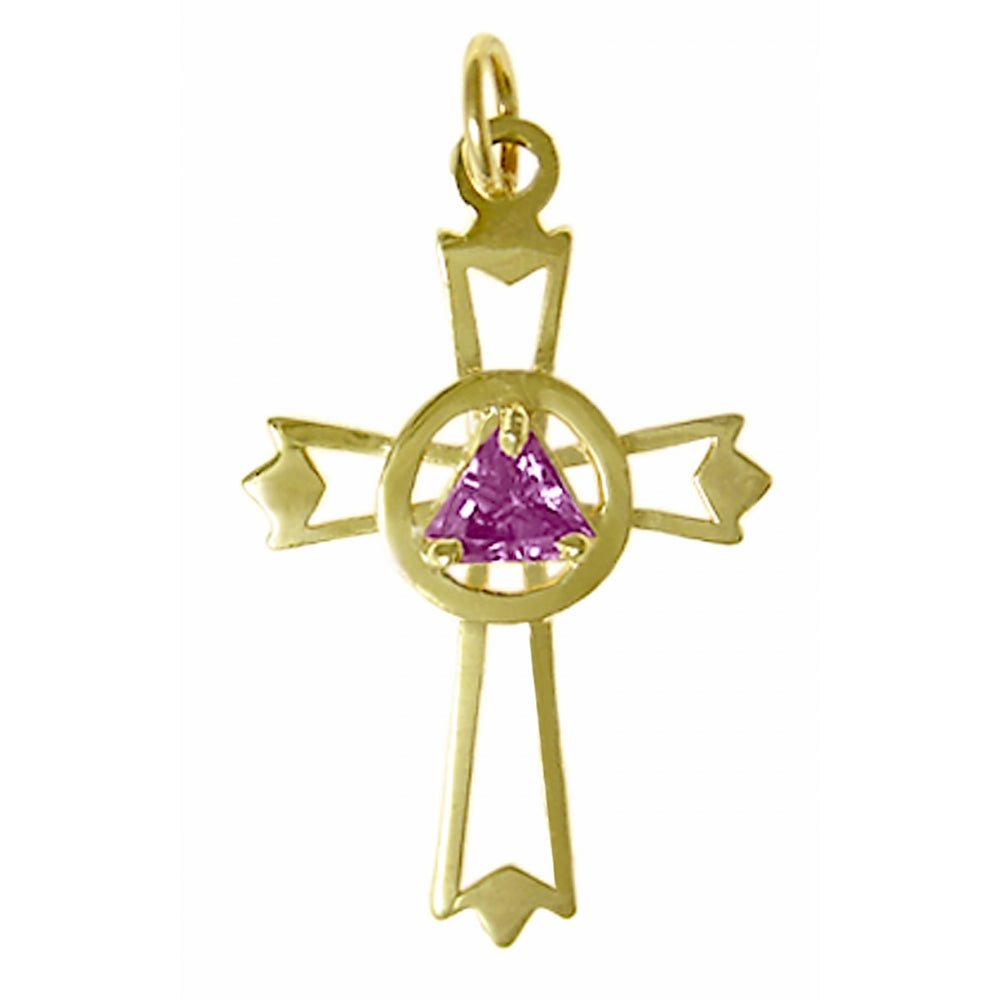 14k Gold Pendant, Alcoholics Anonymous AA Symbol set inside Cross, Available in 12 Different Triangle Birthstones