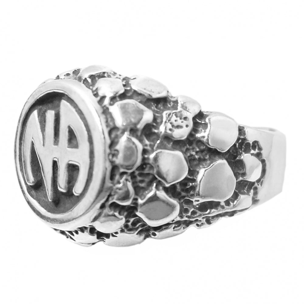 Sterling Silver Mens Ring with Narcotics Anonymous NA Initials in a Wide Nugget Style