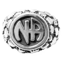 Sterling Silver Mens Ring with Narcotics Anonymous NA Initials in a Wide Nugget Style