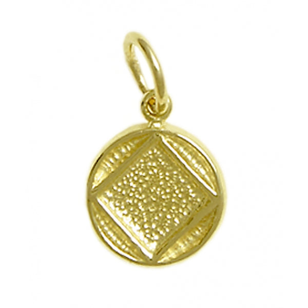14k Gold Pendant, Narcotics Anonymous NA Symbol in Solid Textured Coin Style Circle, Small Size