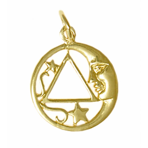 14k Gold Pendant, Moon and Star Pendant with Alcoholics Anonymous AA Symbol, Medium Size