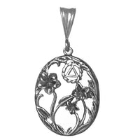 Sterling Silver Pendant, Alcoholics Anonymous AA Symbol in a Old Fashion Style Pendant with 3 Flowers, Med/Lrg Size