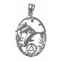 Sterling Silver Pendant, Alcoholics Anonymous AA Symbol in a Old Fashion Style Seascape with 3 Dolphins