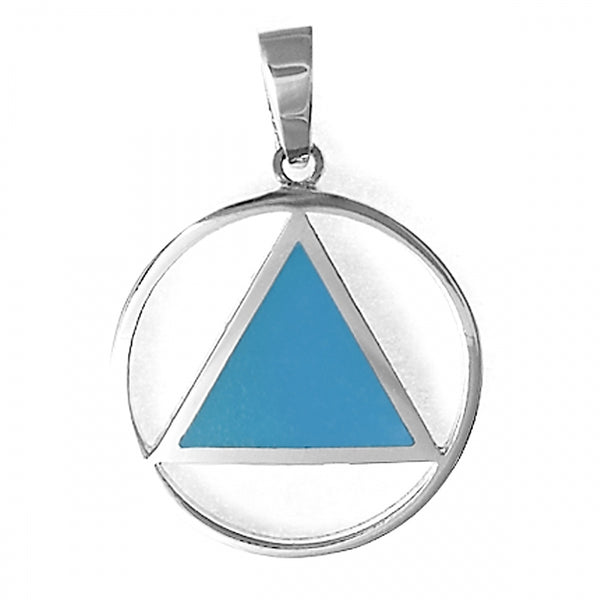 Sterling Silver Pendant, Alcoholics Anonymous AA Symbol with Turquoise Blue Enamel Inlay,