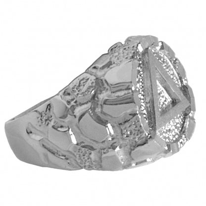 Sterling Silver Mens Nugget Ring with Alcoholics Anonymous AA Symbol in a Wide Signet Style Band