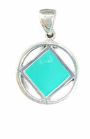 Sterling Silver Pendant, Narcotics Anonymous NA Symbol Square with Turquoise In Color Enamel Inlay, Medium Size
