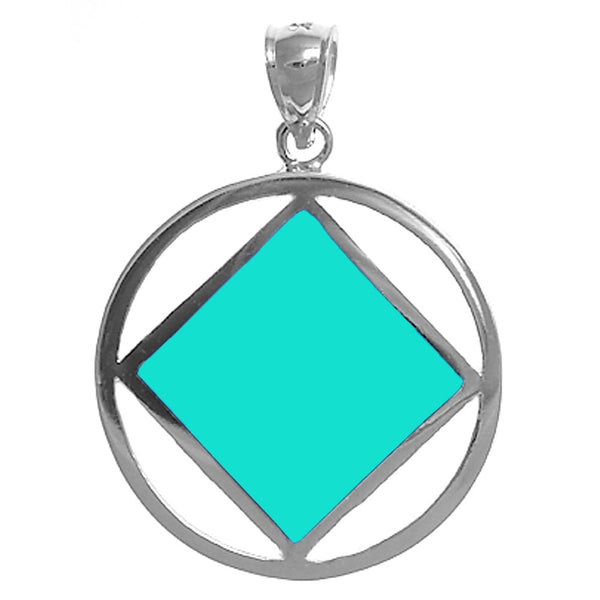 Sterling Silver Pendant, Narcotics Anonymous NA Symbol Square with Turquoise in Color Enamel Inlay, Large Size