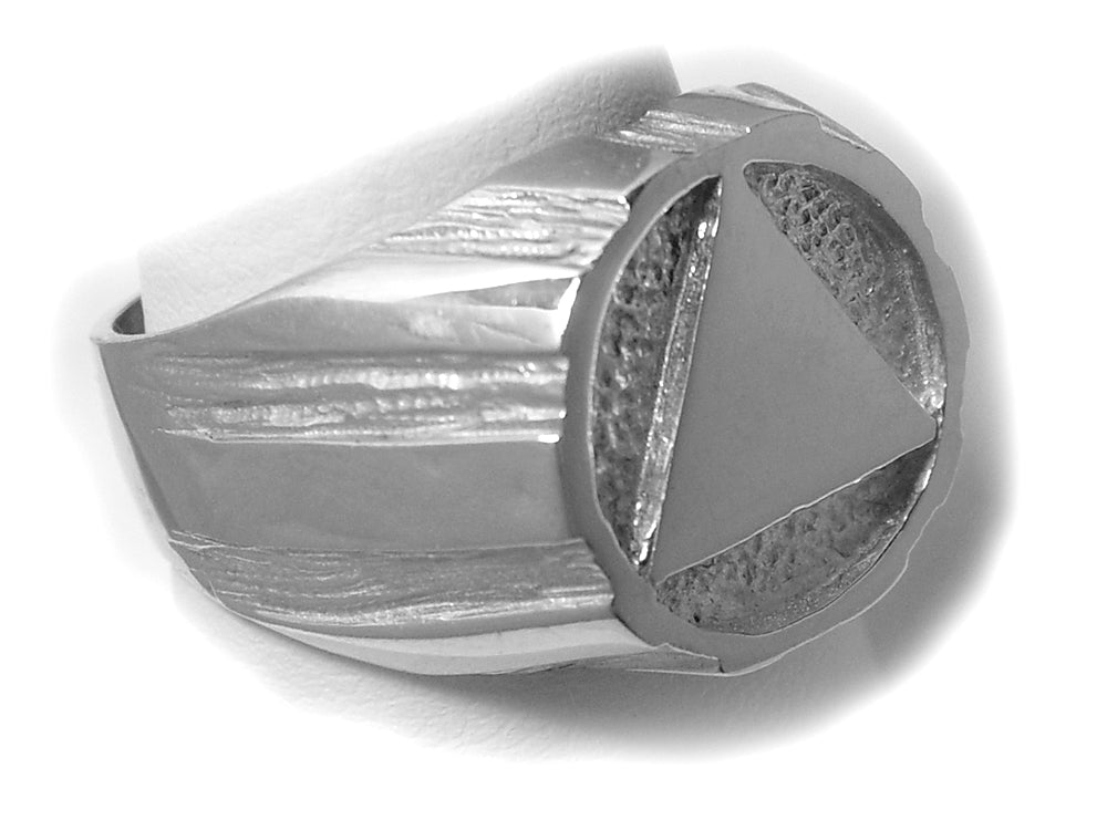 Sterling Silver Mens Ring with Alcoholics Anonymous AA Symbol in a Wide Signet Style