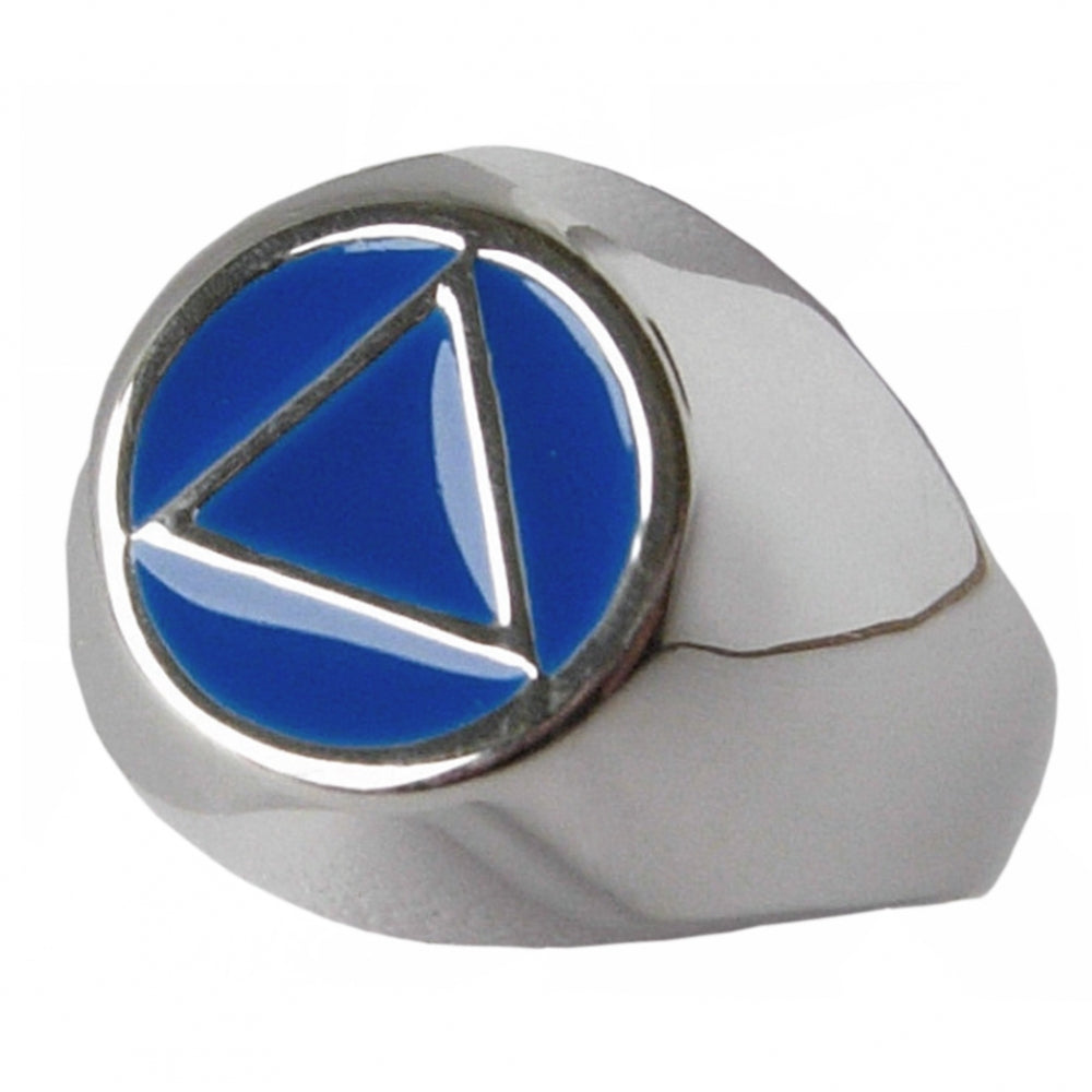 Sterling Silver Mens Ring, Alcoholics Anonymous AA Symbol with Blue Enamel Inlay