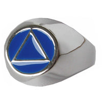 Sterling Silver Mens Ring, Alcoholics Anonymous AA Symbol with Blue Enamel Inlay