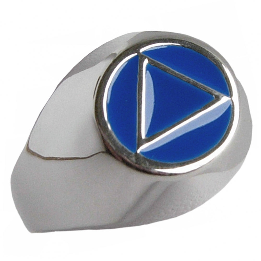Sterling Silver Mens Ring, Alcoholics Anonymous AA Symbol with Blue Enamel Inlay