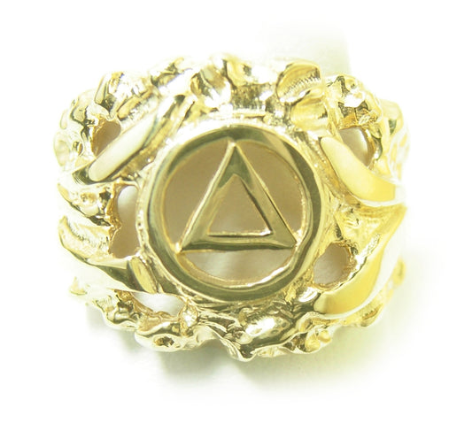 14k Gold, Mens Ring with Alcoholics Anonymous AA Symbol in a Wide Nugget Style