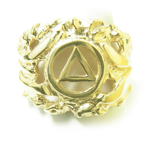 14k Gold, Mens Ring with Alcoholics Anonymous AA Symbol in a Wide Nugget Style