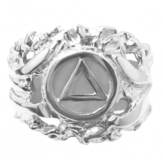 Sterling Silver Mens Ring with Alcoholics Anonymous AA Symbol in a Wide Nugget Style