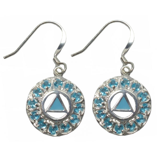 Sterling Silver Earrings, Baby Blue Enamel Inlay w/12 Clear Cubic Zirconia's