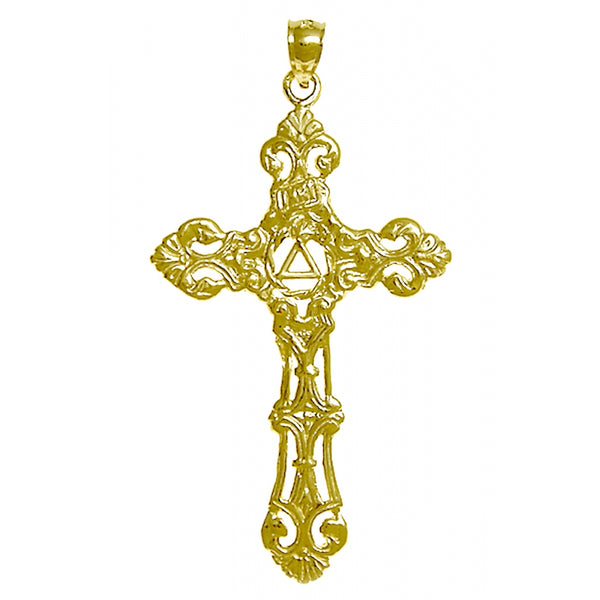 14k Gold Pendant, Alcoholics Anonymous AA Recovery Symbol on a Beautiful Cross