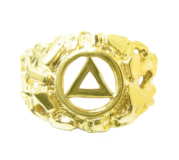 14k Gold, Mens Ring with Alcoholics Anonymous AA Symbol in a Wide Nugget Style
