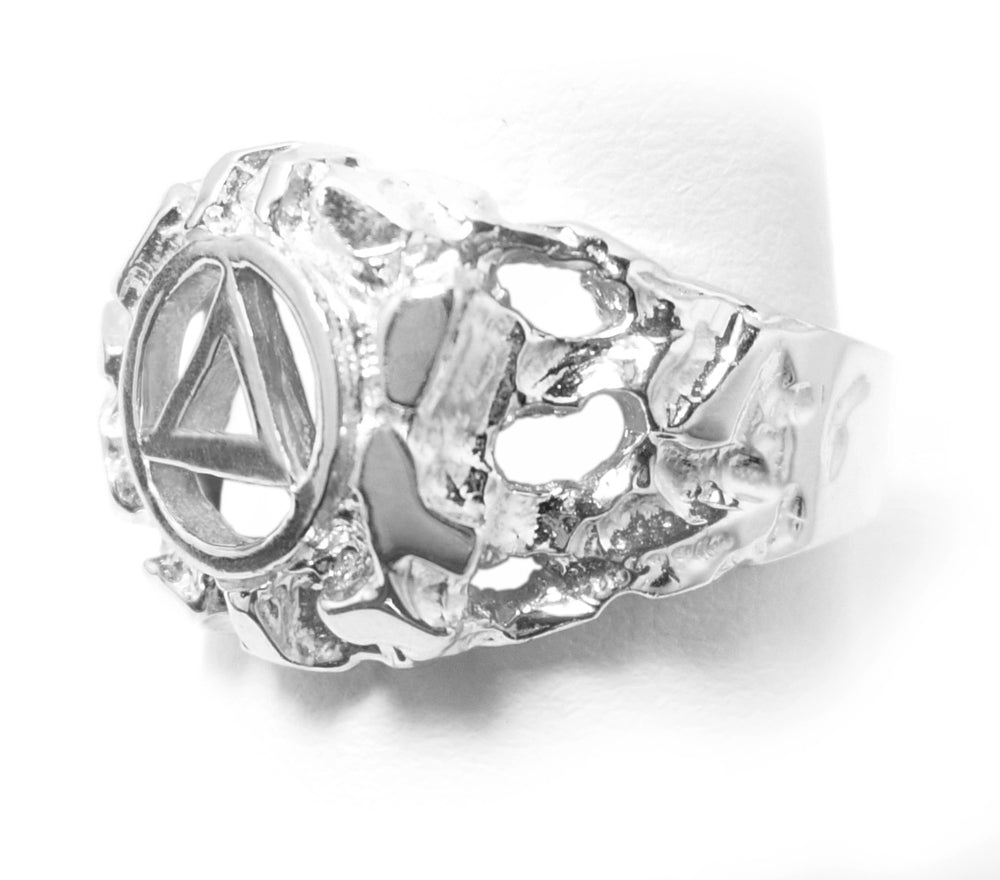 Sterling Silver Mens Ring with Alcoholics Anonymous AA Symbol in a Wide Nugget Style