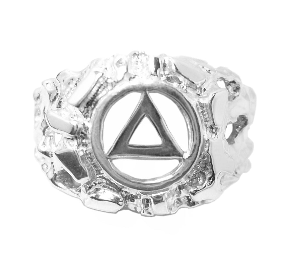 Sterling Silver Mens Ring with Alcoholics Anonymous AA Symbol in a Wide Nugget Style